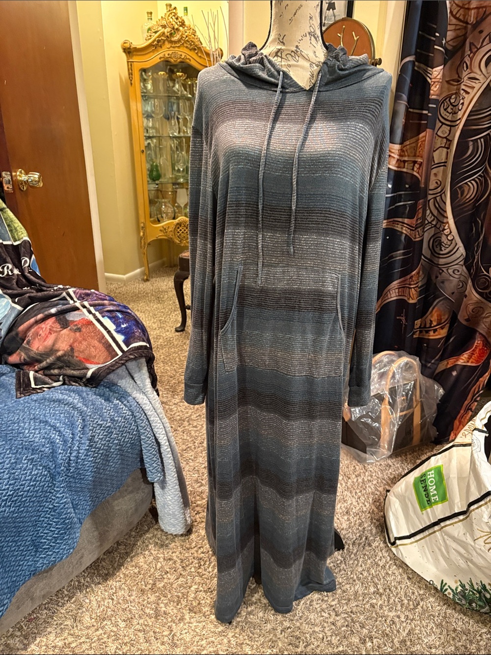 Striped Hooded Maxi Dress - Gray Blue Tones